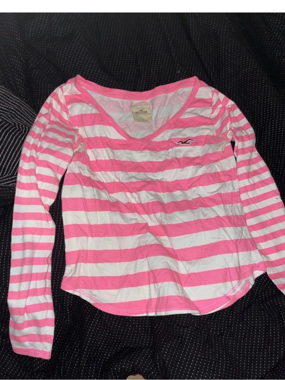 Y2K Hollister  Pink & White Striped V-Neck Long Sleeve Tee